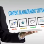 Business professional presenting ECMISS content management system with four icons showing website, network, content, and cloud data storage
