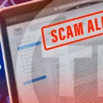 Tax debt relief scams email alert displayed on laptop screen with red scam warning stamp