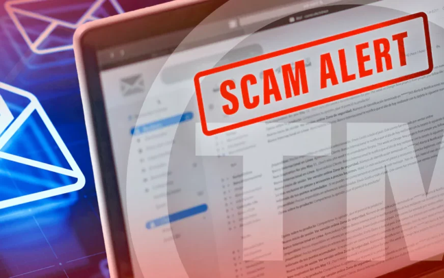 Tax debt relief scams email alert displayed on laptop screen with red scam warning stamp