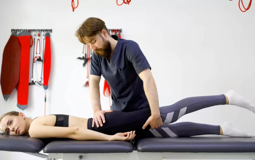 Xeiropraktis performing manual spinal adjustment on patient lying on chiropractic table