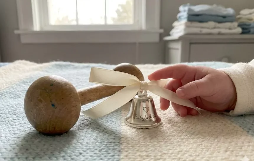 Babybelletje pregnancy necklace bell with ribbon on soft pastel bedding showing gentle aesthetic