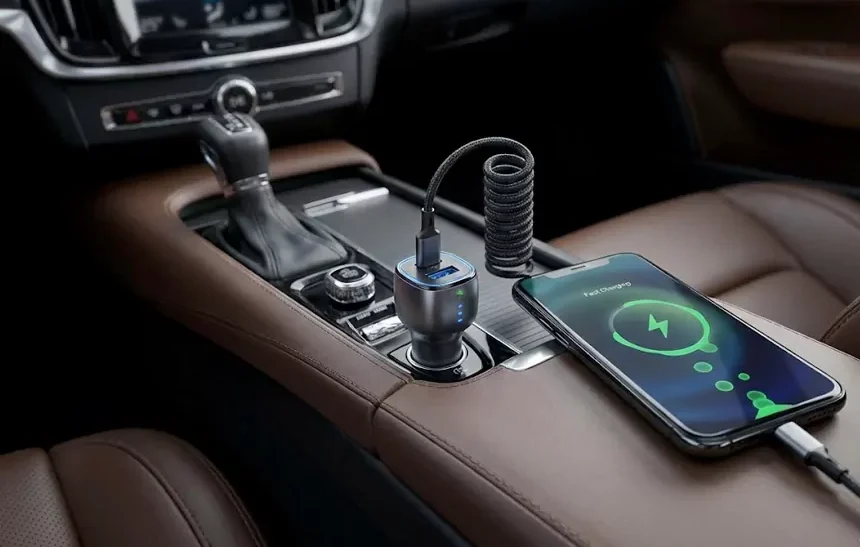 Best car charger for fast charging plugged into 12V socket with smartphone showing battery charge indicator