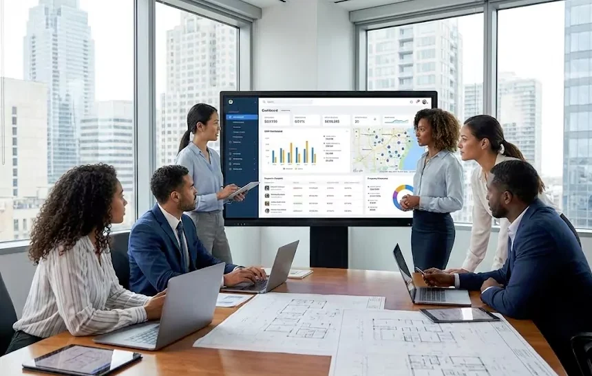 Commercial real estate team reviewing Best Commercial Real Estate CRM dashboard on screen during office meeting