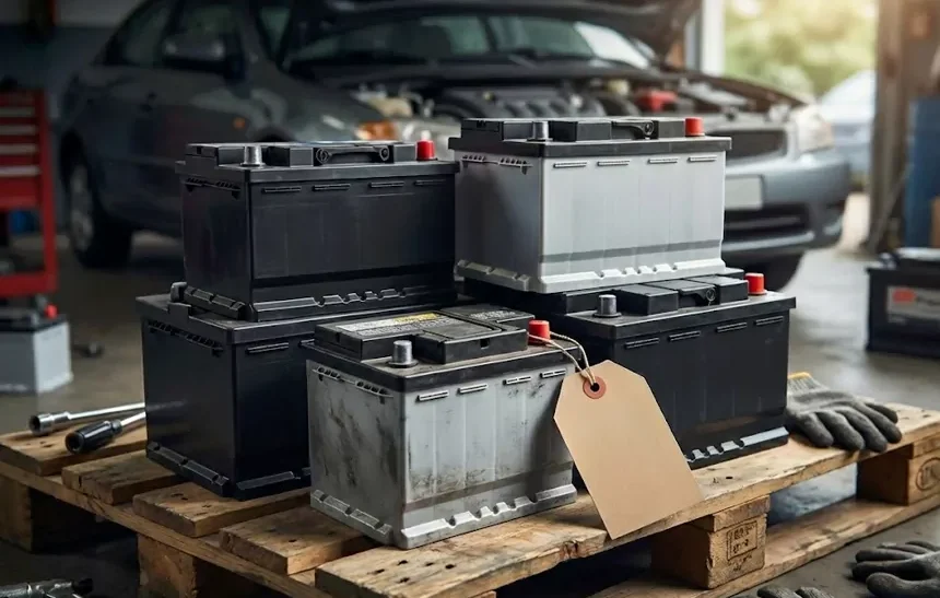 Cheap car batteries displayed on wooden pallet in auto repair shop with vehicles in background