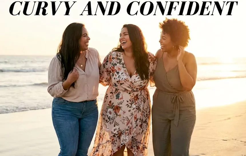 Three curvy and confident women laughing together on the beach at sunset celebrating body positivity and friendship
