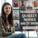Margaret Qualley sitting in front of poster featuring her movies and TV shows including The Substance, Maid, and Once Upon a Time in Hollywood