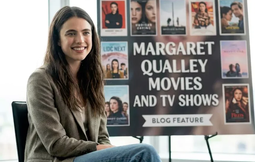 Margaret Qualley sitting in front of poster featuring her movies and TV shows including The Substance, Maid, and Once Upon a Time in Hollywood