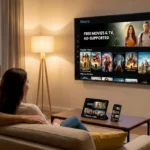 Couple watching Movirz streaming platform on smart TV showing free movies and TV shows with multi-device support
