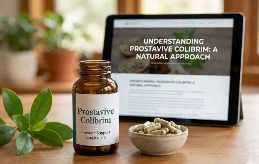 Prostavive Colibrim prostate support supplement bottle with capsules on wooden table next to laptop displaying natural health information