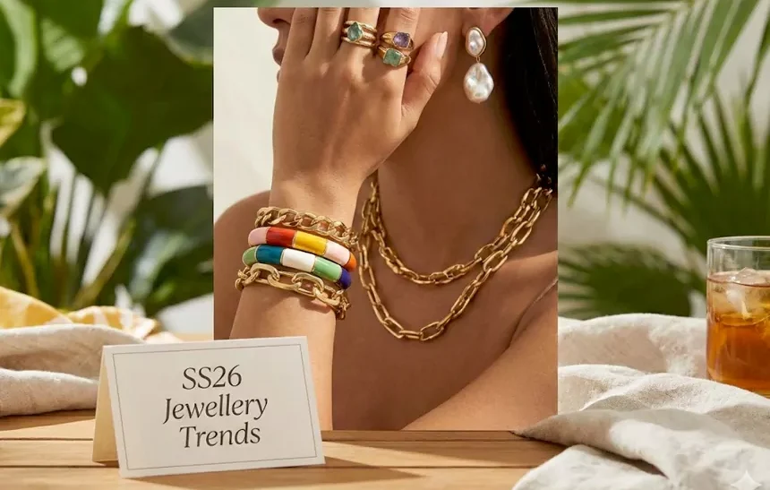 SS26 jewellery trends featuring layered gold chain necklaces, colourful enamel rings, and chunky bracelets on model