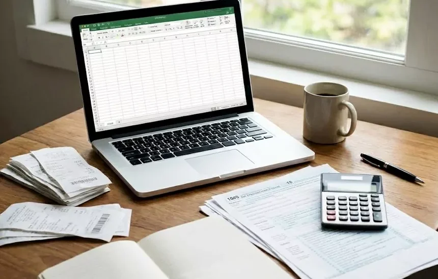 Self-employed income documentation setup showing laptop with spreadsheet, Form 1040 tax return, calculator, and financial records on desk