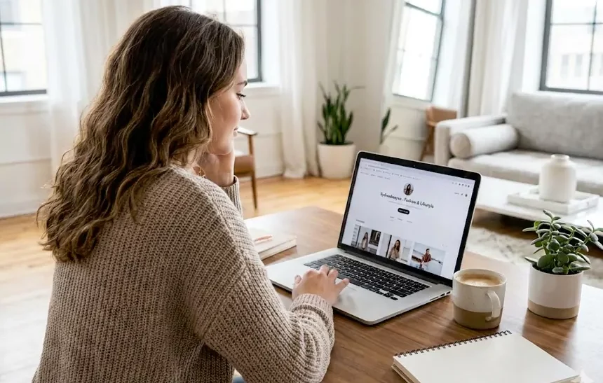 Sydneebeeyxo content creator working on laptop managing social media platforms TikTok YouTube Instagram