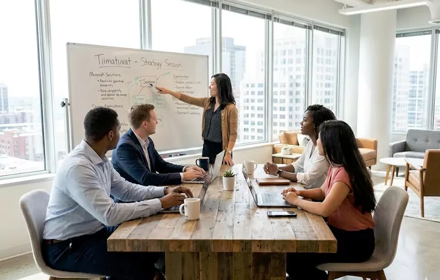 Tiimatuvat strategy session with team members discussing Finnish log house planning in modern office setting