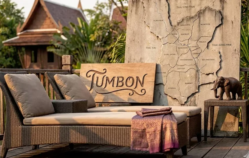 Tumbons outdoor lounge chair with Thai map and cultural textiles showing multiple meanings of the term