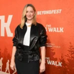 Judy Greer at The Long Walk BeyondFest premiere wearing a black leather jacket