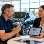 A welcoming car dealership showroom with a hearing loop symbol displayed at the entrance for deaf and hard of hearing customers