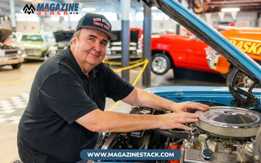 A man in a "Don Bruno Truck King" cap leans over the engine of a classic blue muscle car inside a large vehicle collection warehouse.