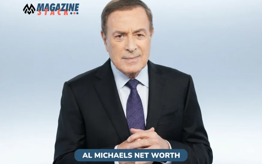 Al Michaels net worth photo: sportscaster in dark suit, hands clasped