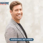 Austen Kroll net worth photo, man in plaid blazer smiling against beige backdrop