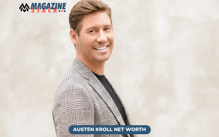 Austen Kroll net worth photo, man in plaid blazer smiling against beige backdrop
