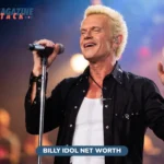 Billy Idol performing live on stage with spiked platinum blond hair and microphone