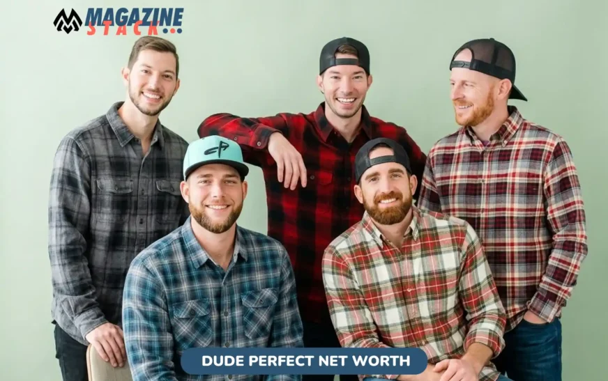 Dude Perfect five members in plaid flannel shirts posing together for group portrait