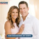 smiling couple embracing outdoors near sheer curtains, Mary Ryan Ravenel net worth context